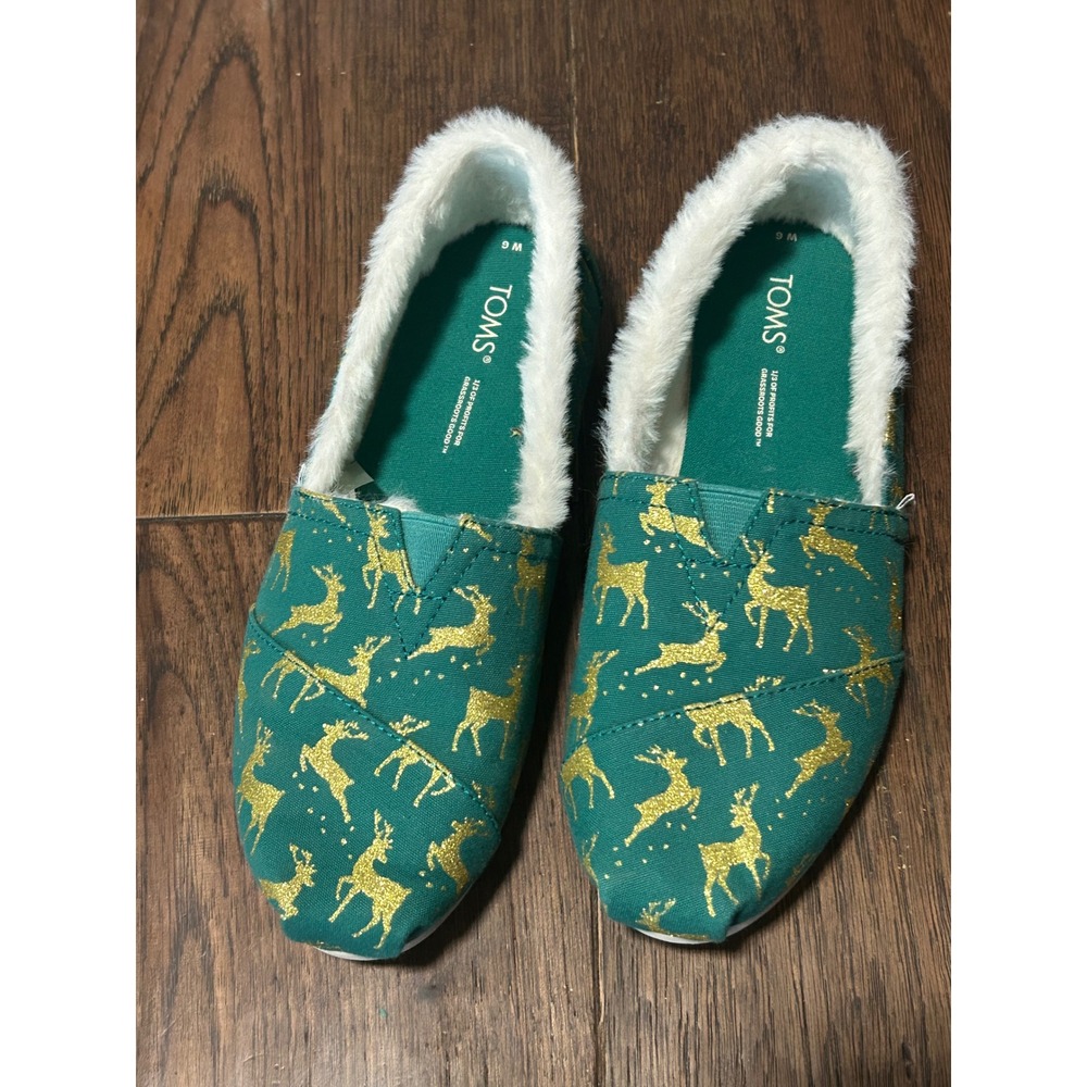 TOMS Alpargata Green Gold Glitter Reindeer Faux Fur Lining Holiday Shoes W 6